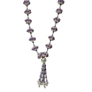 Elegant Handmade Faux Pearl Purple Beaded Tassel Necklace Boho Retro Jewelry